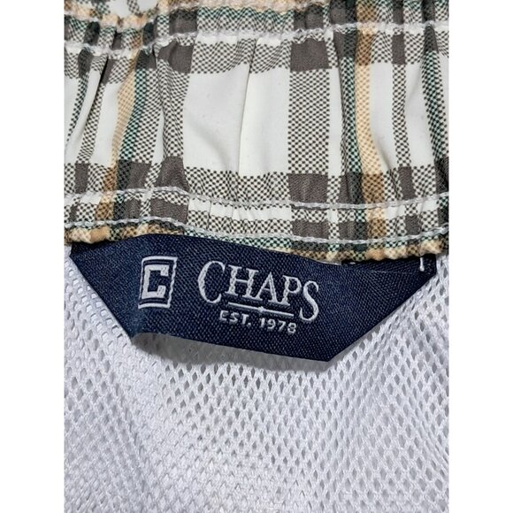 Chaps Plaid Swim Trunks Mens XL Beige White Polyester Mesh Lined Drawstring - Picture 2 of 14